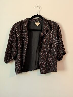 Vintage Cropped Black Patterned Button-Up Top with Rose & Silver Dots